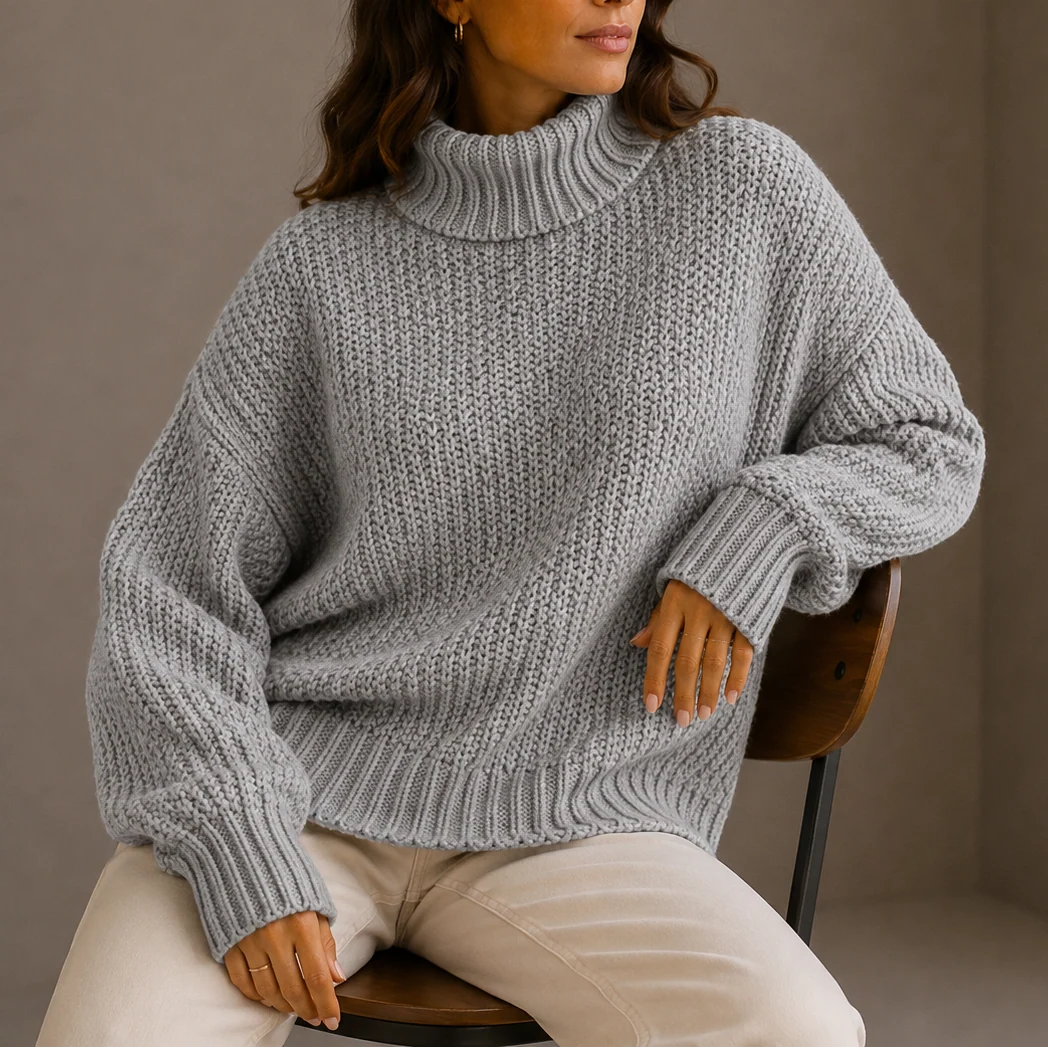 Detail of ribbed hem and cuffs on oversized turtleneck jumper with textured knit finish