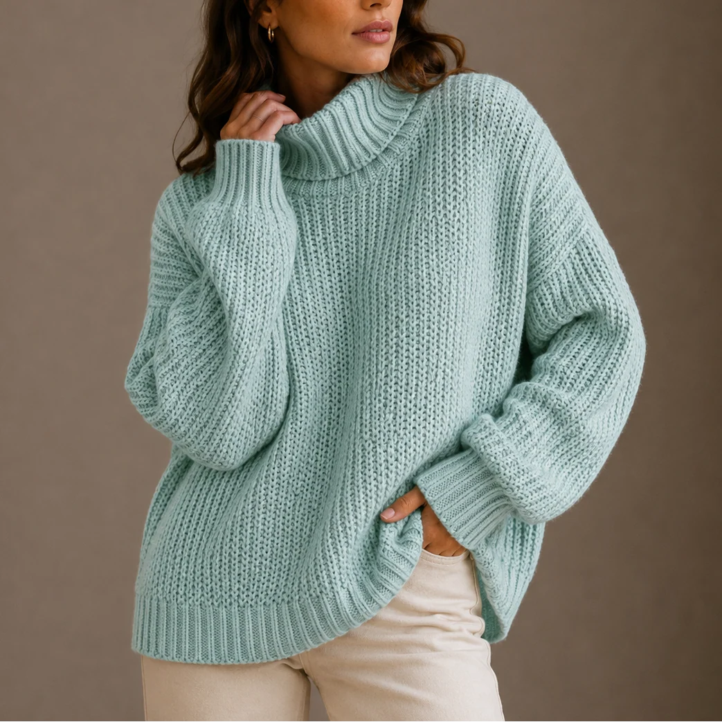 Back view of women's oversized jumper showing relaxed silhouette and chunky knit construction