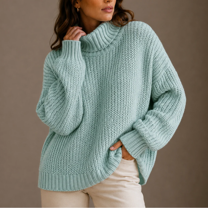 Back view of women's oversized jumper showing relaxed silhouette and chunky knit construction