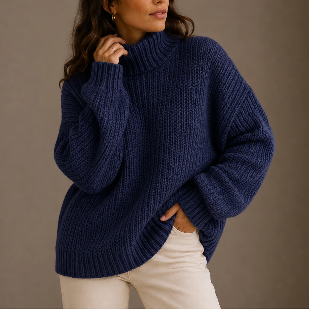 Women's turtleneck jumper in burnt orange paired with neutral bottoms for layered winter look
