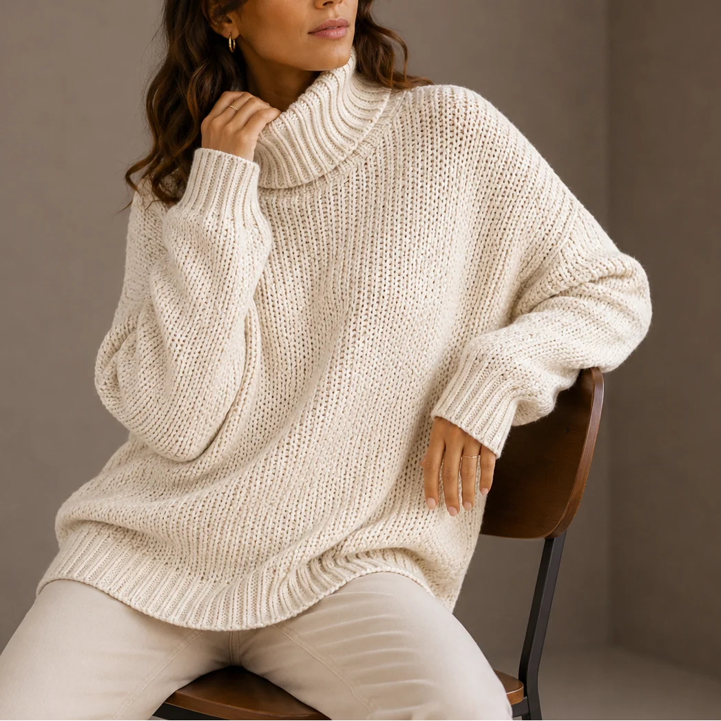 Full-length view of oversized turtleneck jumper with dropped shoulder design and ribbed detailing