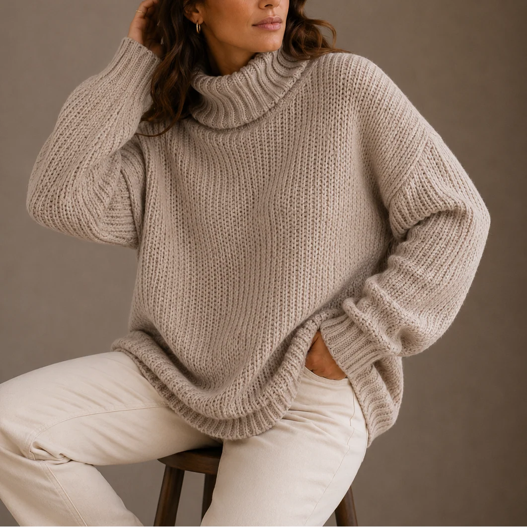 Close-up of high turtleneck collar and chunky knit texture on women's oversized jumper