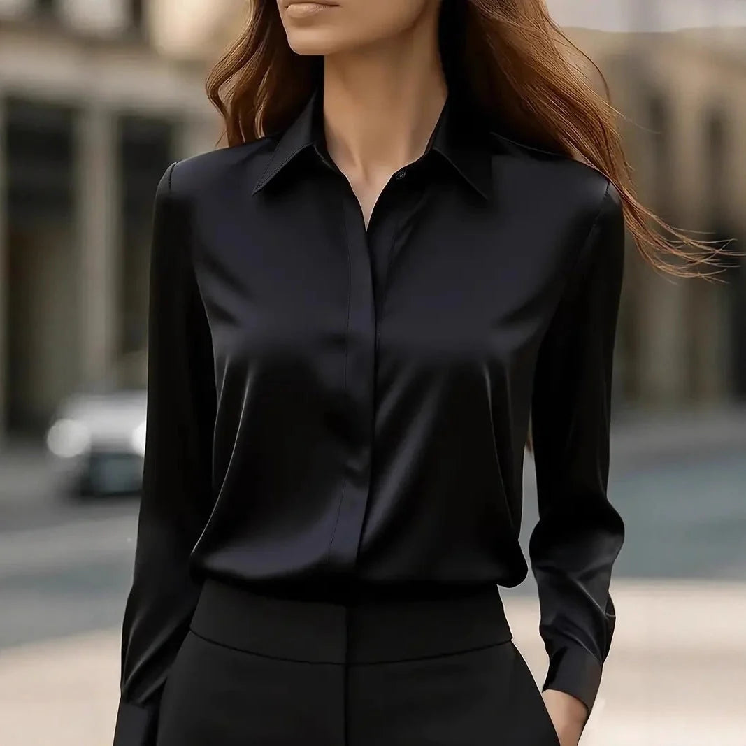 Women's satin blouse with long sleeves and pointed collar in classic black finish