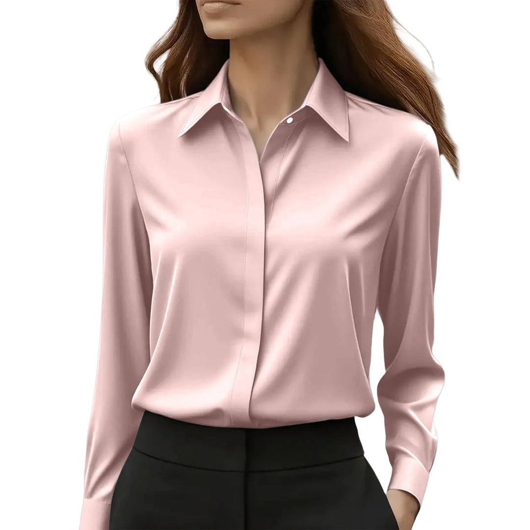 Full-length view of black satin blouse paired with tailored trousers for office wear