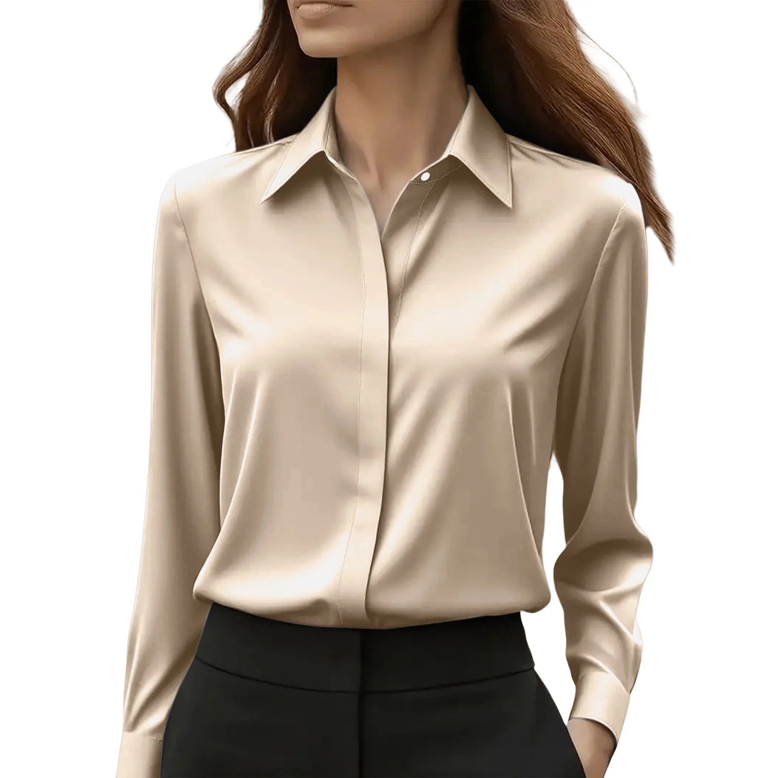 Women's satin blouse showing buttoned cuffs and smooth finish on long sleeves