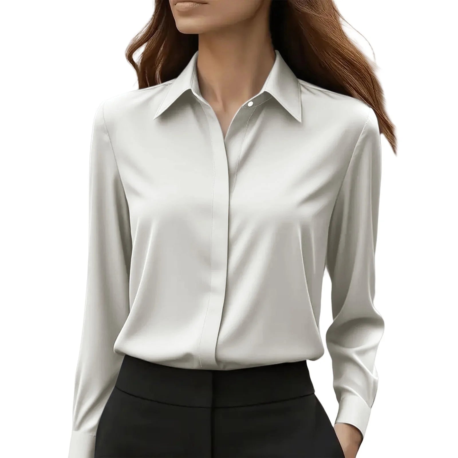 Back view of tailored satin blouse demonstrating structured fit and drape
