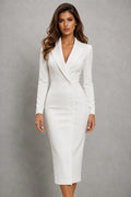 Women's white tailored blazer dress with lapel neckline and button detail in knee-length silhouette