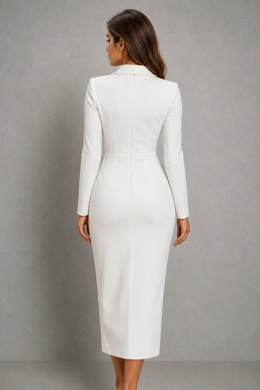 Side angle of white midi blazer dress with long sleeves and button closure