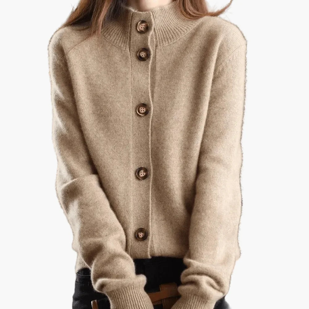 Women's button front knit cardigan in beige with fold-over collar and ribbed cuffs