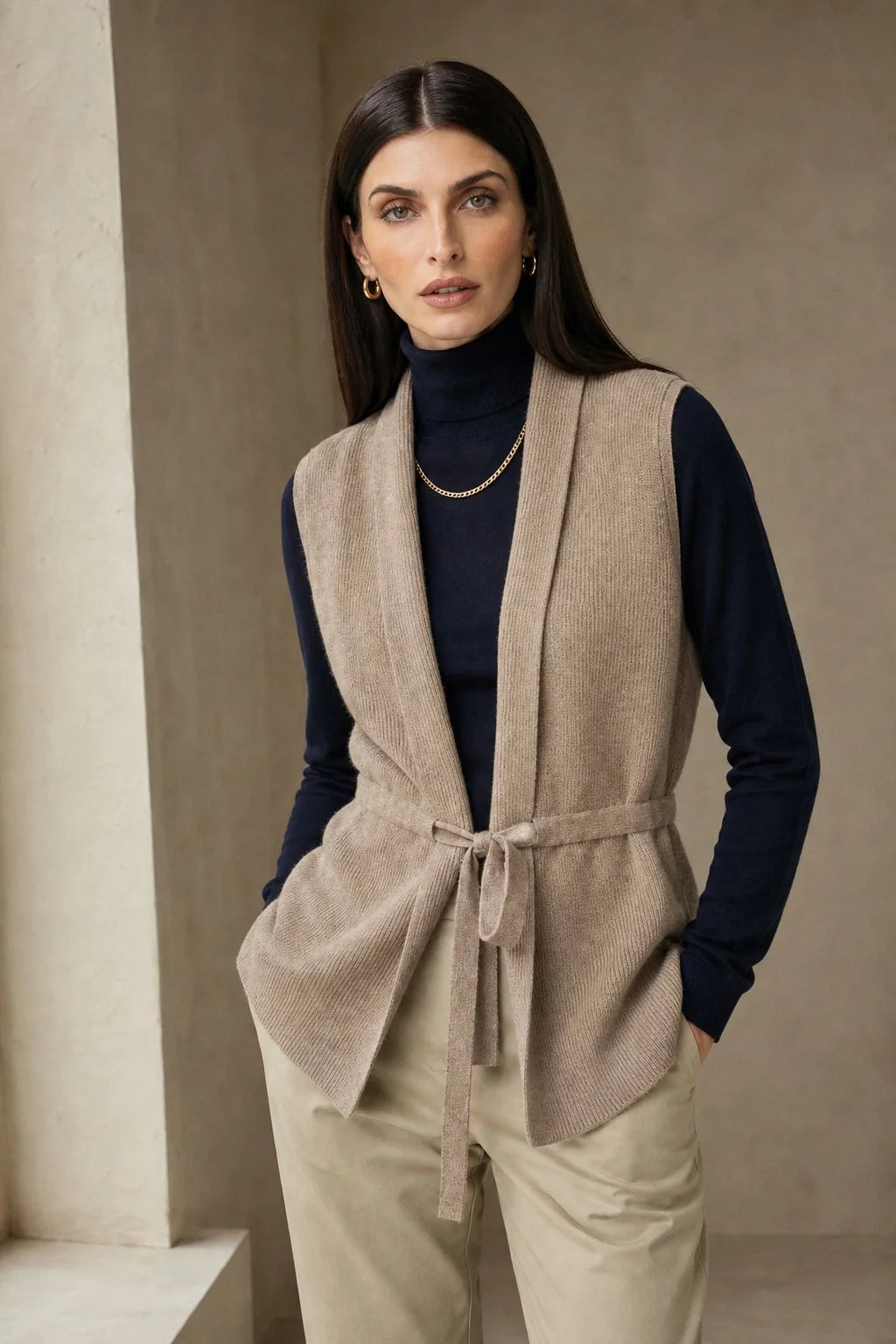 Woman wearing a beige cashmere vest with tie belt over a navy turtleneck and cream trousers