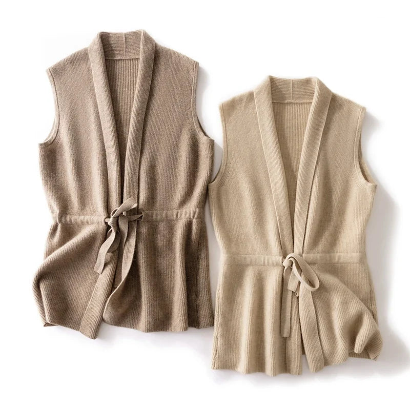 Model styled in the cashmere vest for a refined autumn layering look