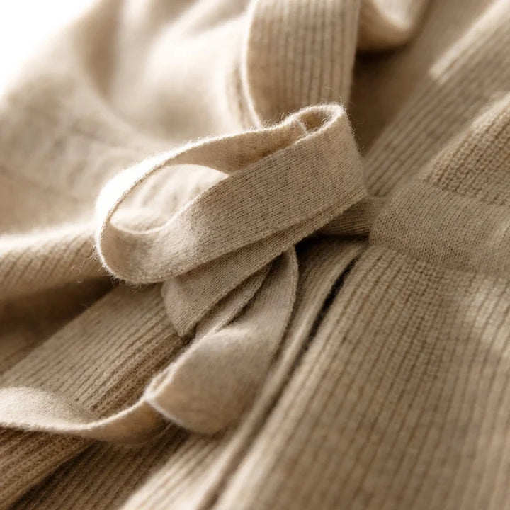 Detail shot of the patch pockets and structured ribbed knit fabric