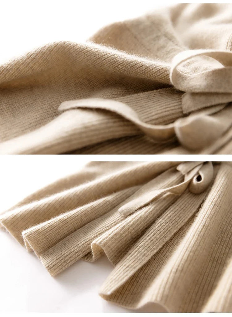 Full-length view of the beige cashmere vest paired with neutral separates