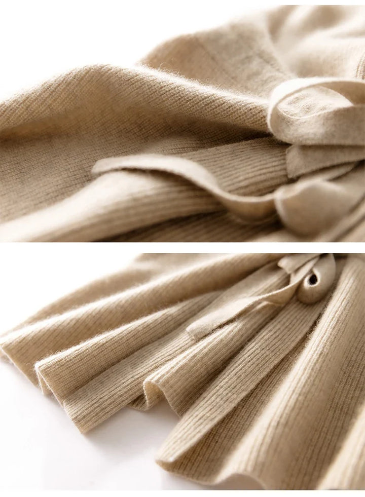 Full-length view of the beige cashmere vest paired with neutral separates