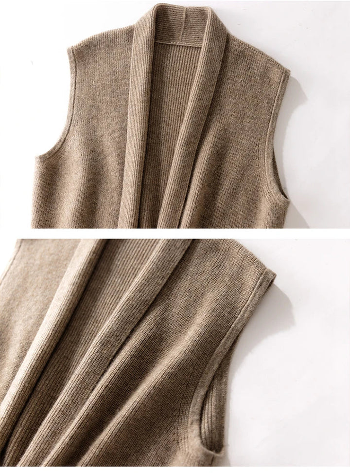 Close-up of the soft ribbed texture and sleeveless armholes on the women's vest