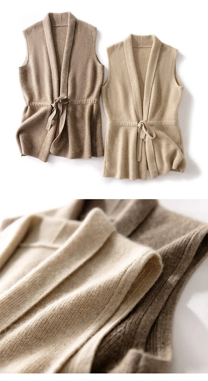 Detail of the adjustable tie belt and open front styling on the knit vest