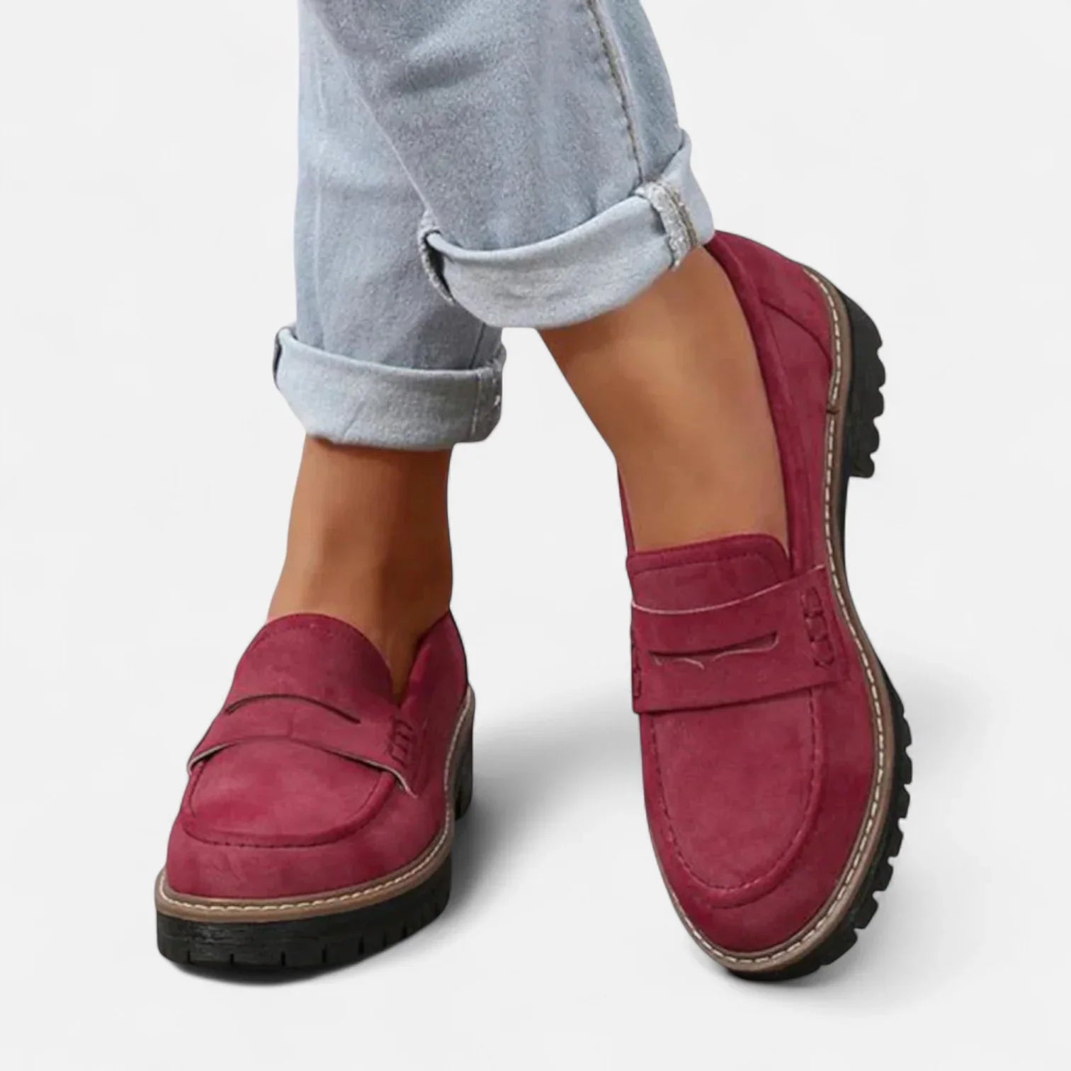 Full view of women's chunky loafers highlighting slip-on design and cleated rubber sole