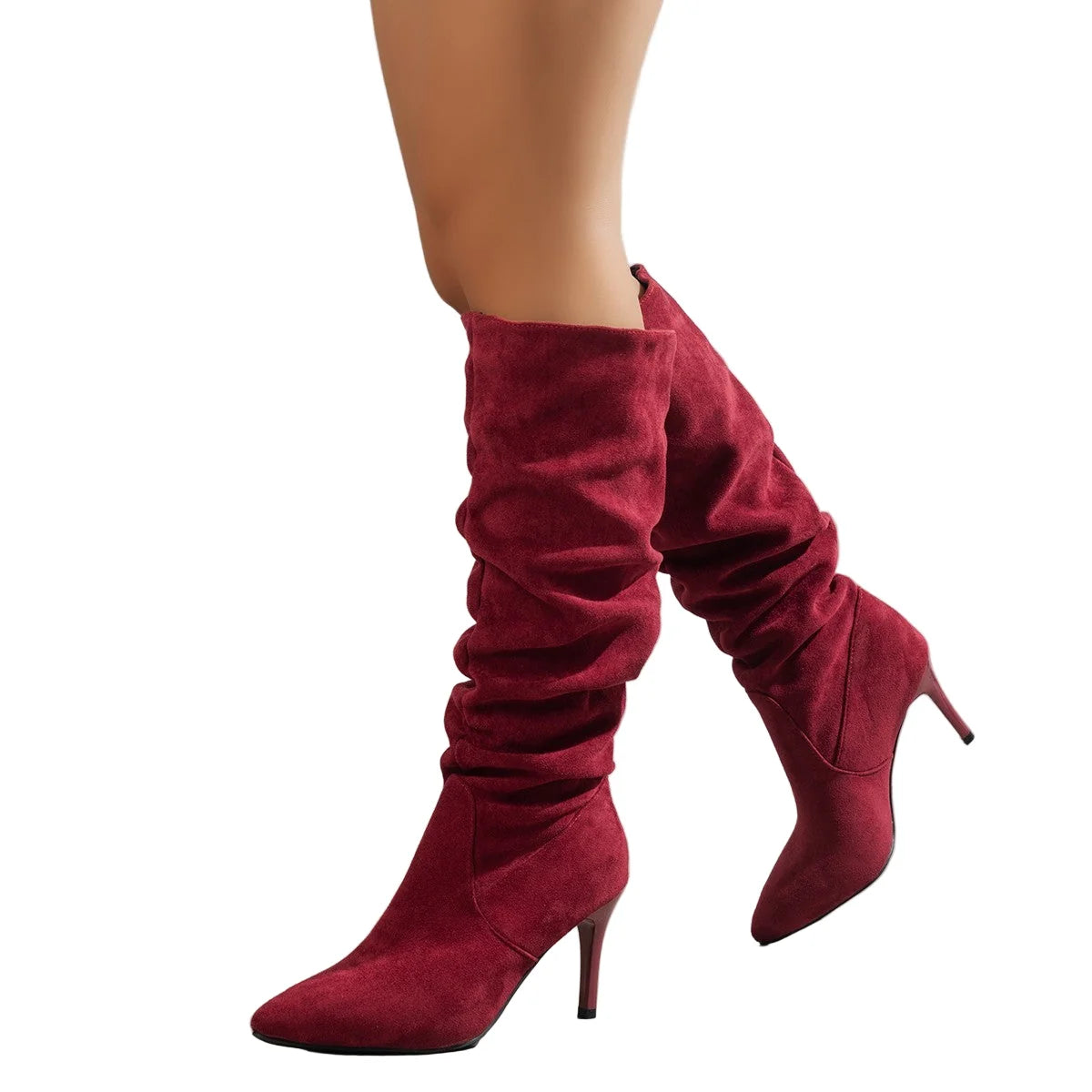 Burgundy slouchy knee-high boots styled on model demonstrating versatile day-to-night appeal