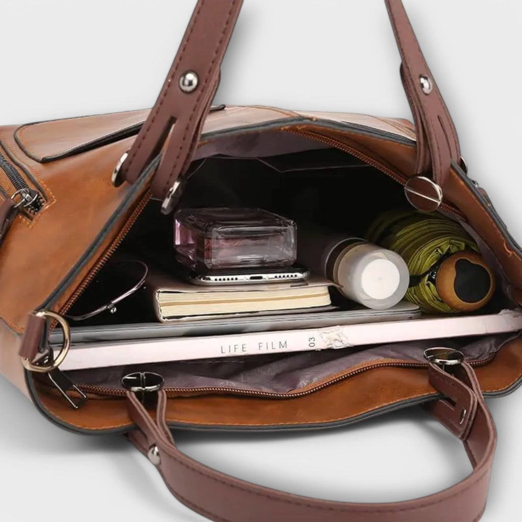 Full view of structured tote bag displaying spacious design and dual carrying options