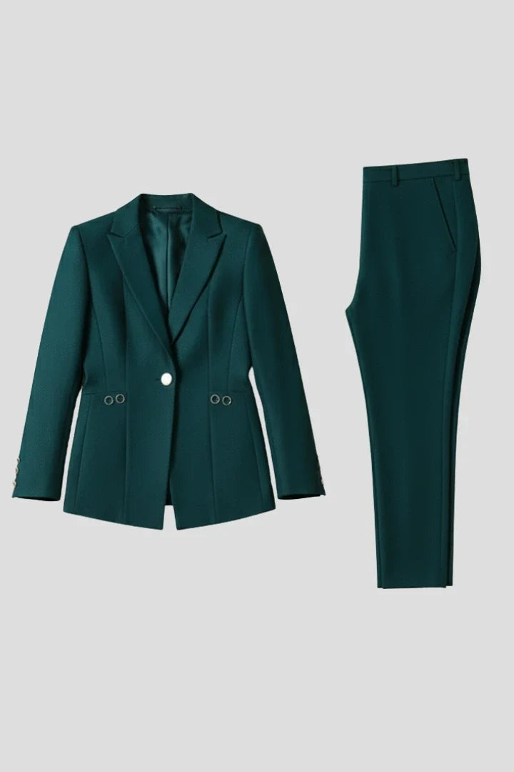 Women's tailored blazer and trouser set in deep teal with single-button closure and straight-leg trousers