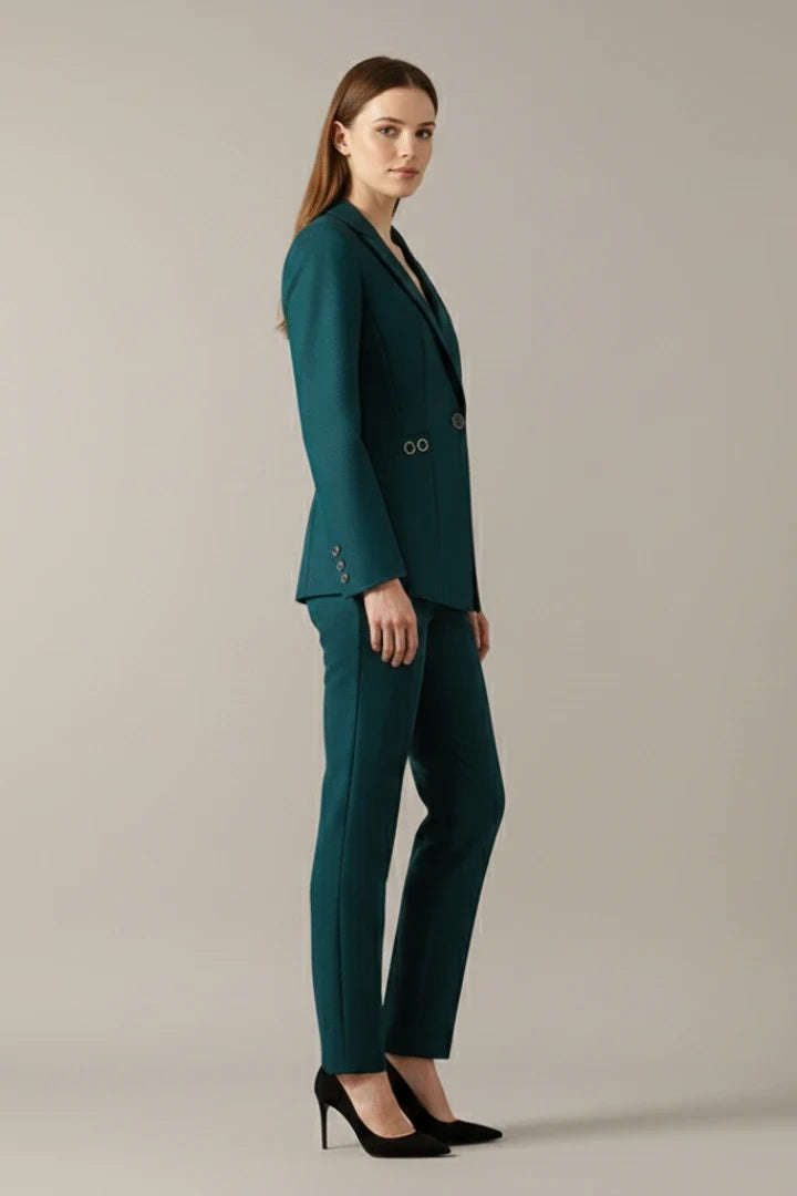 Straight-leg trousers in deep teal with pressed creases and mid-rise waistband for tailored fit