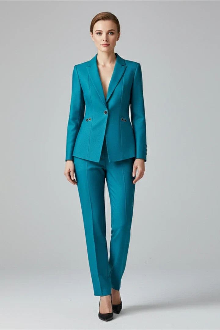 Deep teal trouser suit set with blazer and straight-leg trousers for polished professional styling