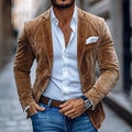 Men's suede blazer in camel with tailored fit, notch lapels, and single-button closure worn over a white shirt
