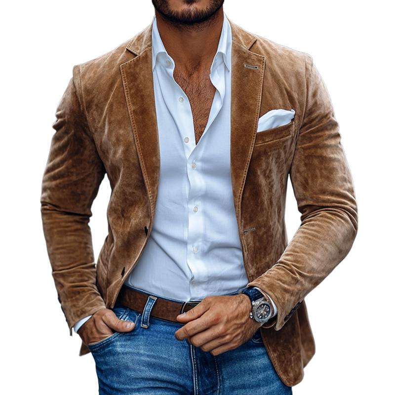 Close-up view of men's suede blazer showing soft suede-effect fabric texture and structured lapel detail