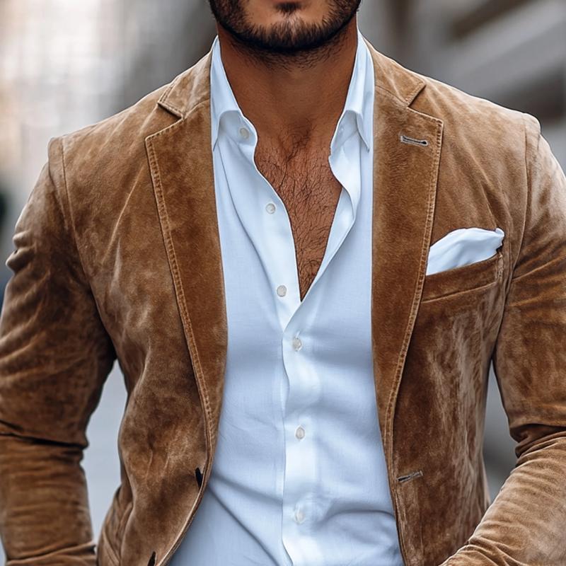 Men's camel suede blazer with tailored silhouette, functional chest pocket, and long sleeves for smart-casual wear