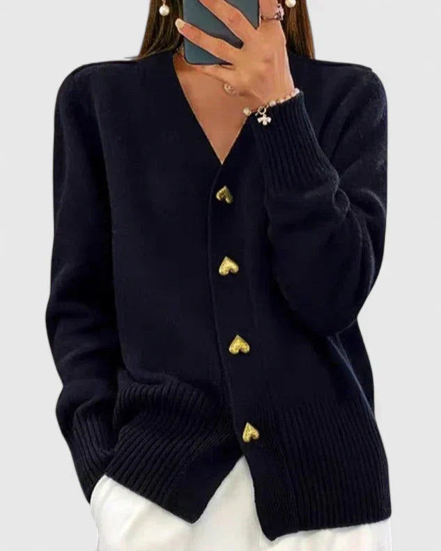 Women's heart button cardigan in navy with V-neckline and ribbed trim detail