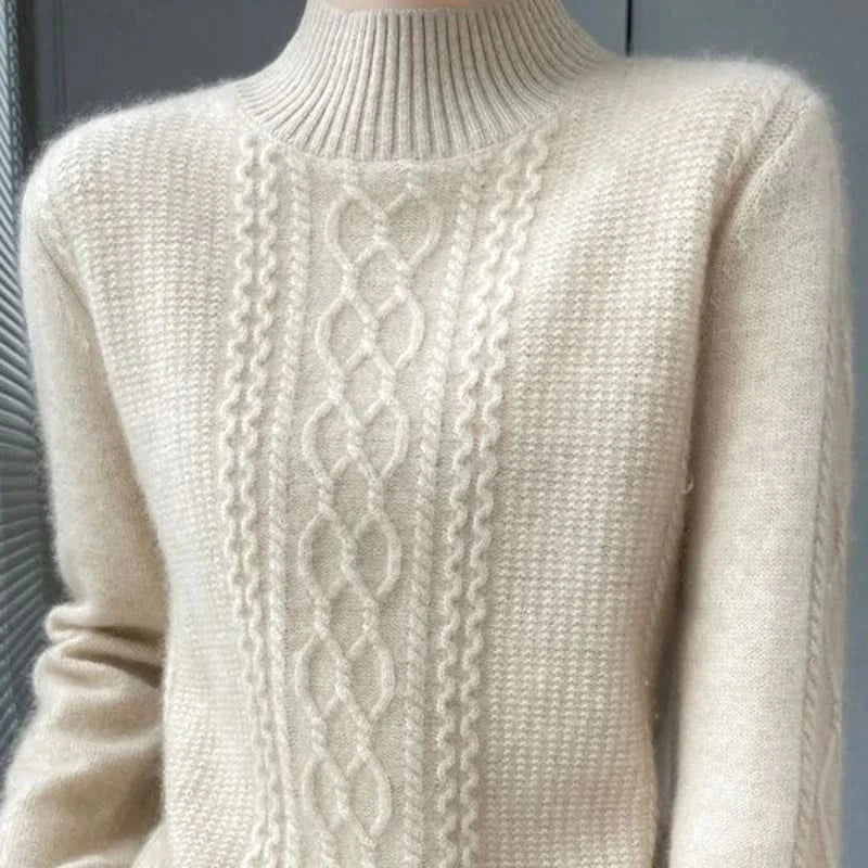 Side view of women's turtleneck jumper with smooth knit sleeves and ribbed cuffs