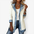 Women's denim panel knit jacket in cream with contrast denim collar and cuffs worn casually