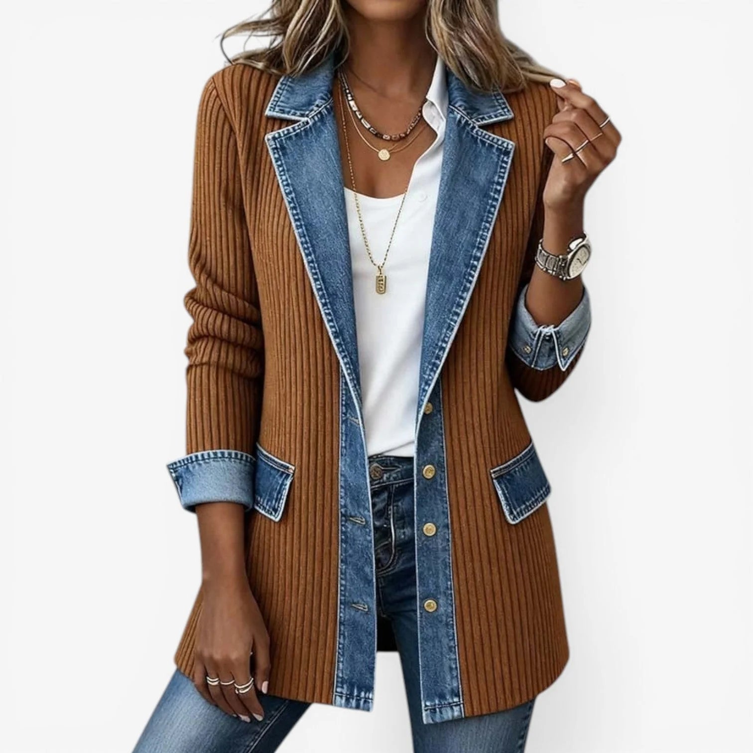 Detail of women's knit jacket showing contrast denim cuffs and ribbed knit texture throughout