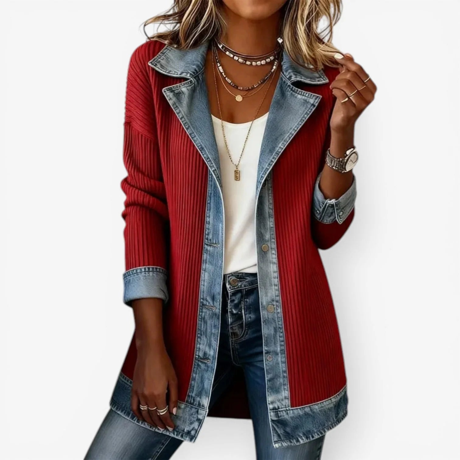 Women's layering jacket in cream knit with denim panels styled over white top and jeans