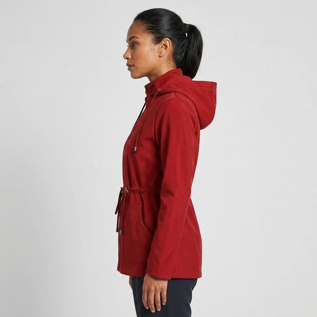 Close-up of hooded neckline and zip detail on women's casual jacket
