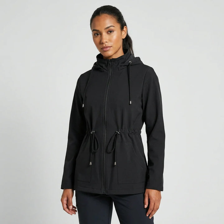 Side view showing relaxed fit and drawstring waist detail on women's jacket
