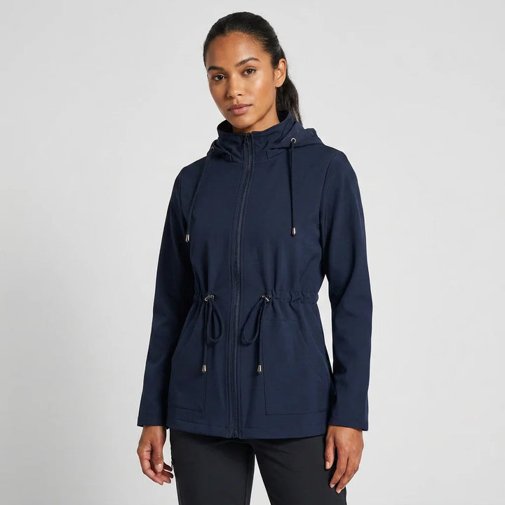 Women's hooded jacket styled with dark trousers for everyday casual wear