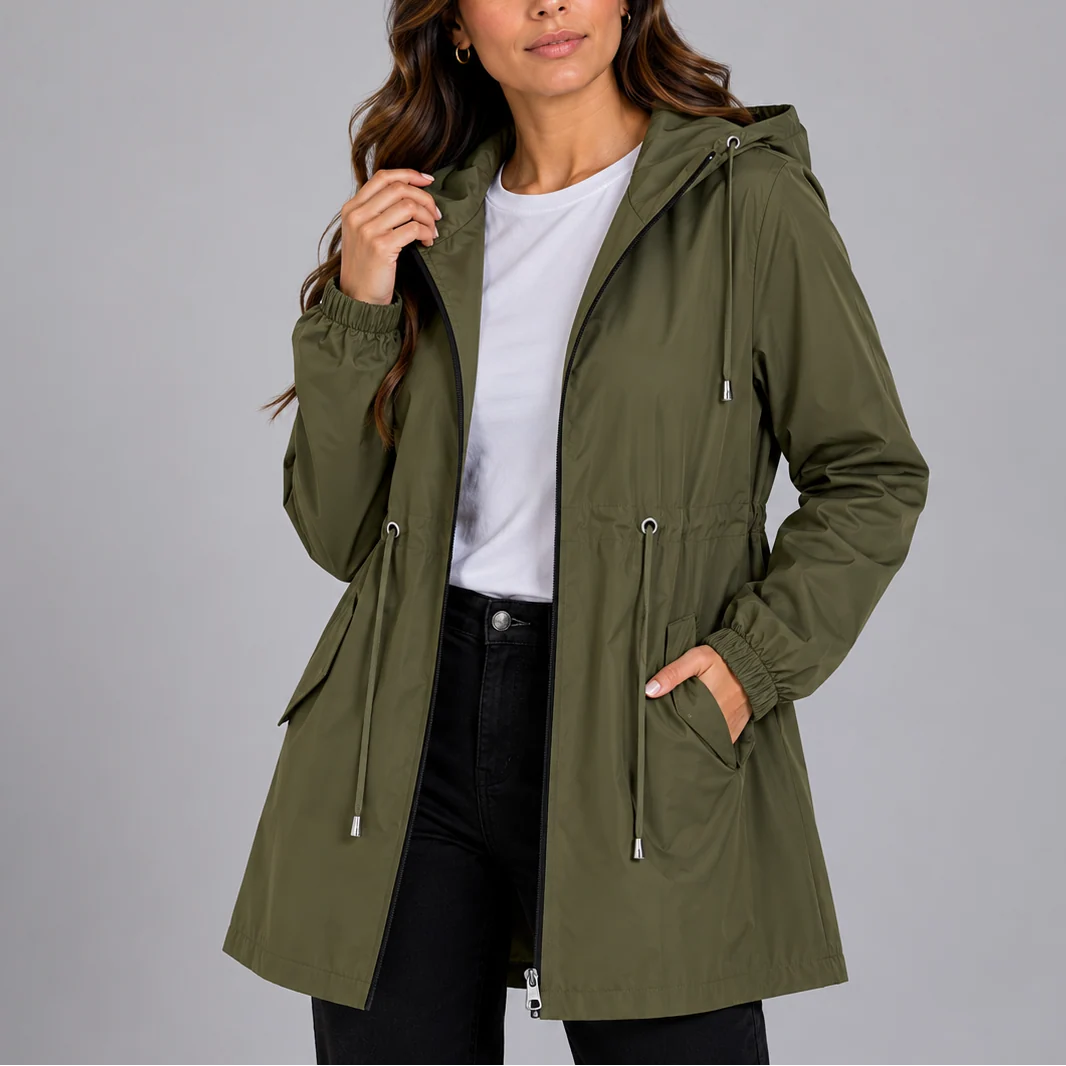 Front view of women's hooded rain coat in beige with full-length zip and side pockets