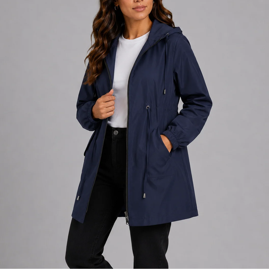 Close-up of hooded rain coat adjustable drawstring waist detail and smooth woven fabric
