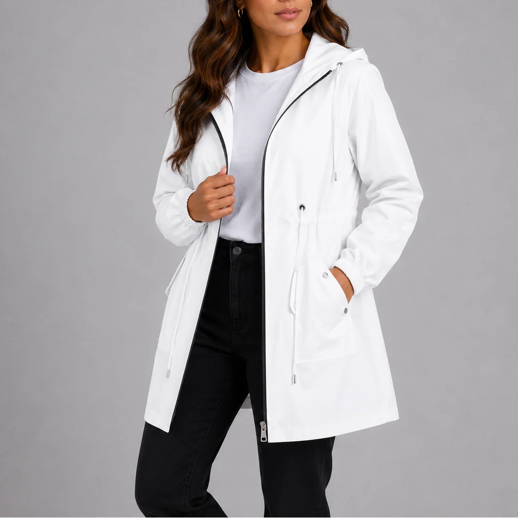 Detail of rain coat zip closure and practical side pocket construction