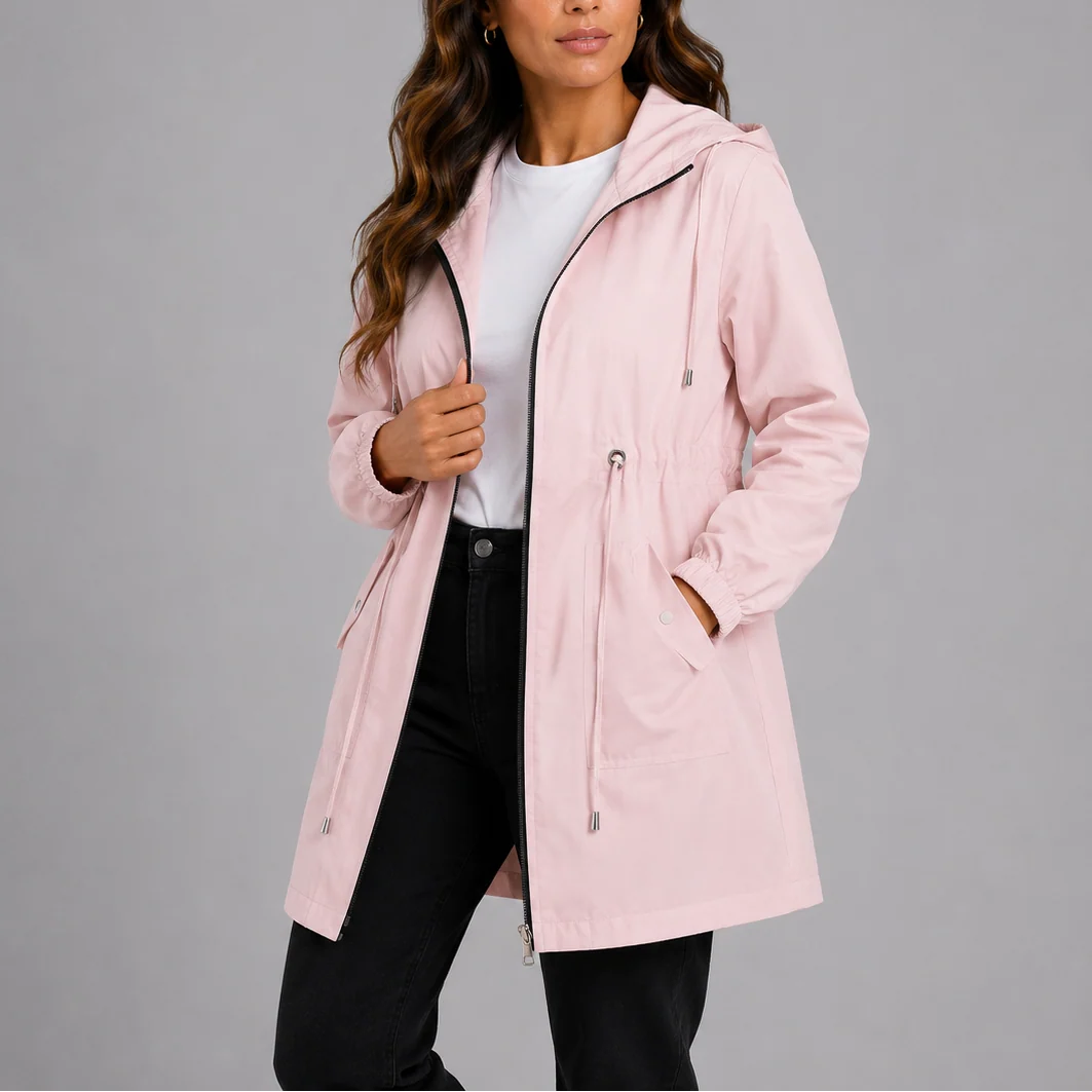 Back view of women's hooded rain coat with clean hem and relaxed fit