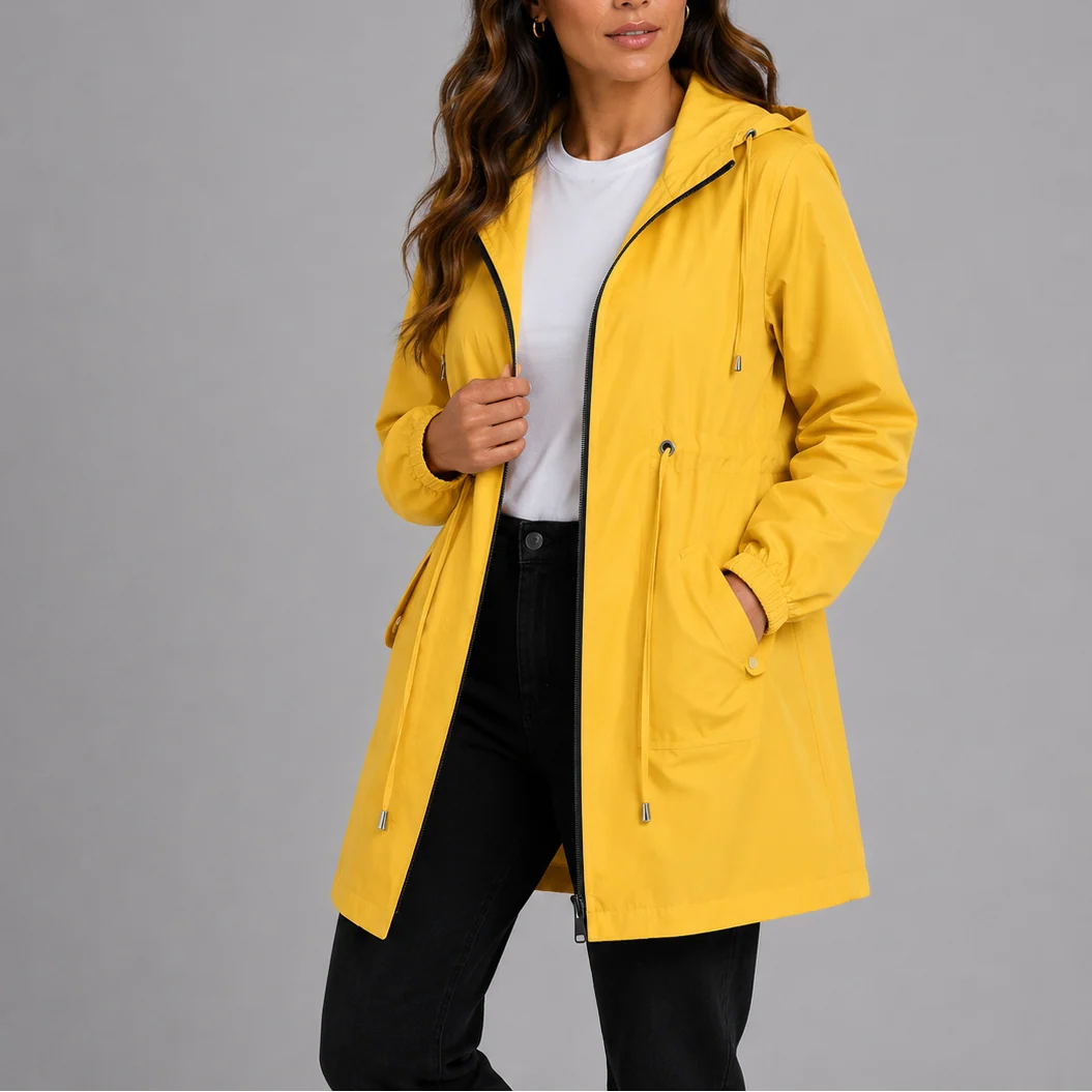 Woman styling hooded rain coat with casual black trousers for everyday wear