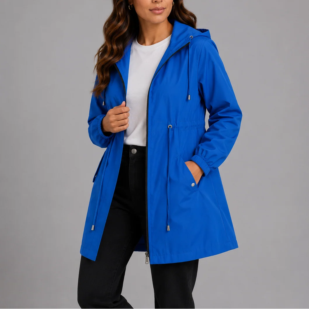Full-length view of beige rain coat layered over white tee showing versatile silhouette