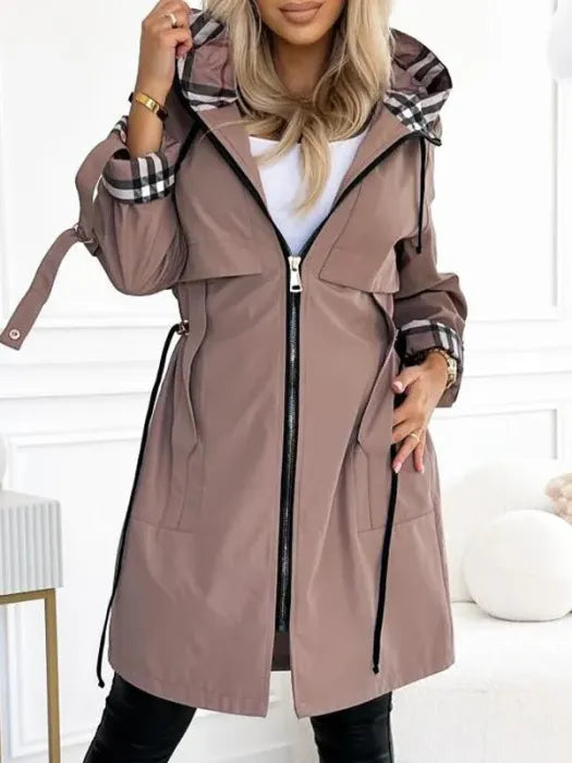 Women's hooded zip coat in taupe with contrast check trim detailing and patch pockets