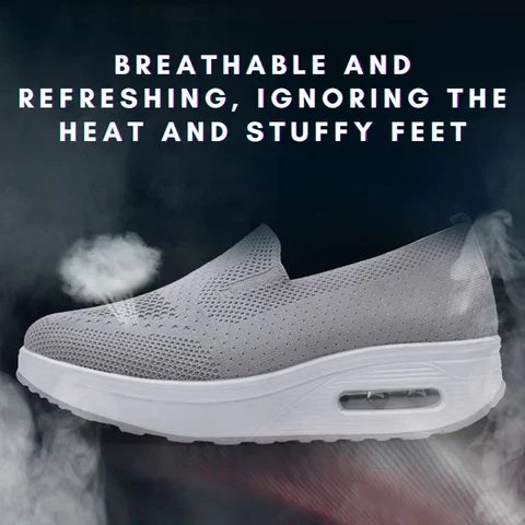 Side view of mesh platform trainers showing cushioned air sole and breathable knit upper