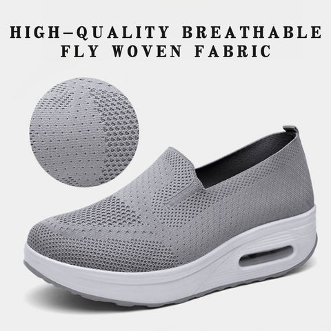 Close-up of slip-on mesh trainers with elasticated topline and textured knit fabric