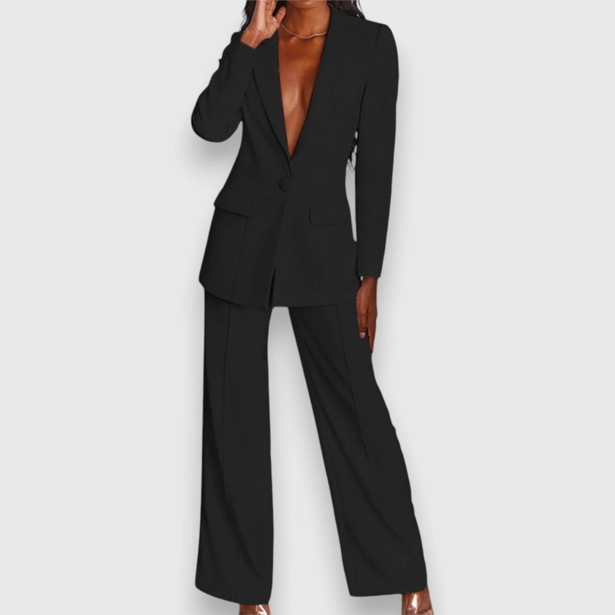 Alternative angle of women's tailored suit set showing blazer length and trouser fit