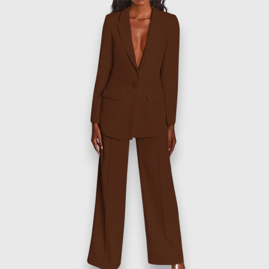 Full-length view of women's suit set showing proportions of blazer and wide-leg trousers
