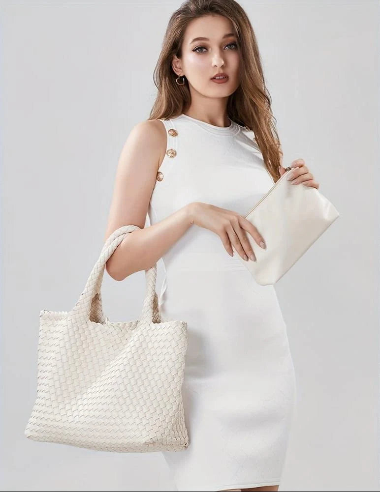 Dark grey woven tote bag showing relaxed yet structured rectangular silhouette