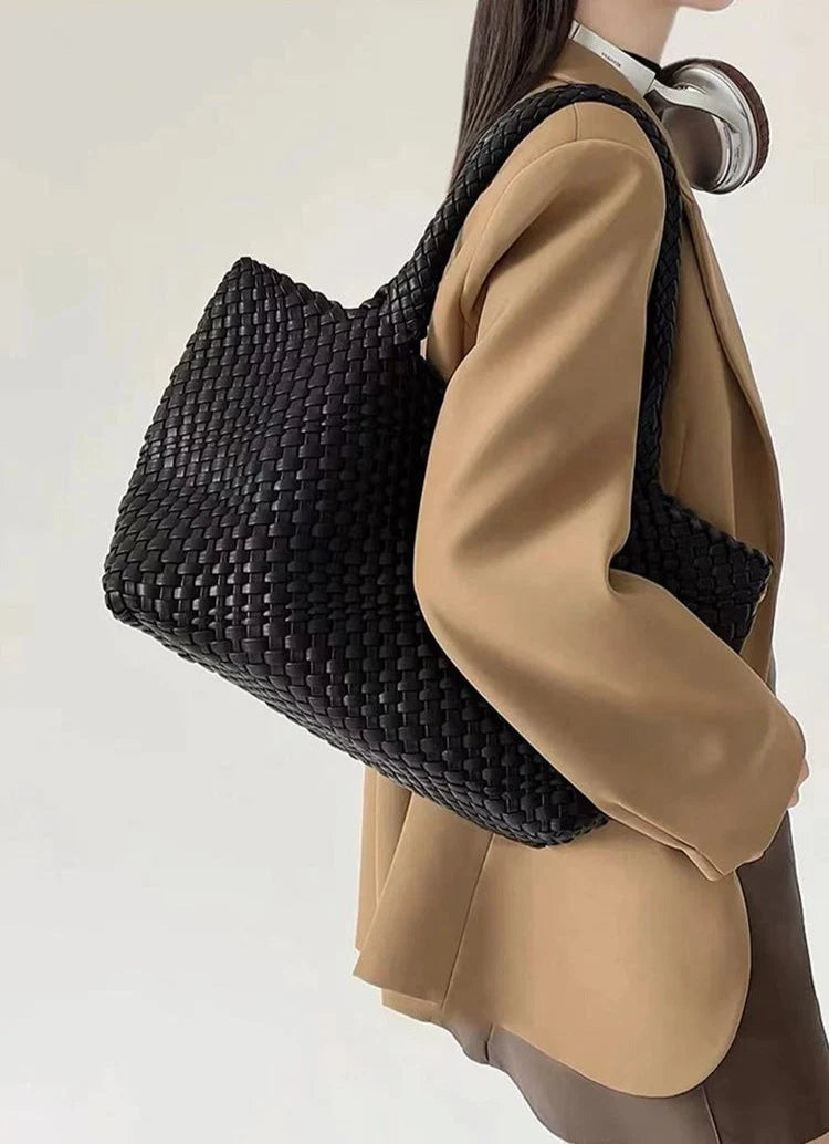Woven tote bag styled for everyday carry with relaxed polished appearance